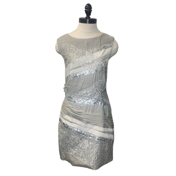 ALICE + OLIVIA Sleeveless Silver Champagne Sequin Mesh Cocktail Dress - Size 6 - Picture 1 of 9
